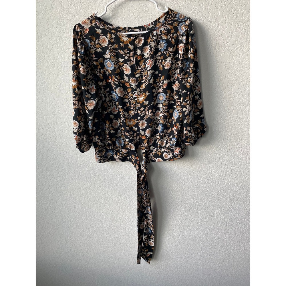 LN San Francisco Women Floral Tie Front Cottagecore Blouse Size L Black Tan